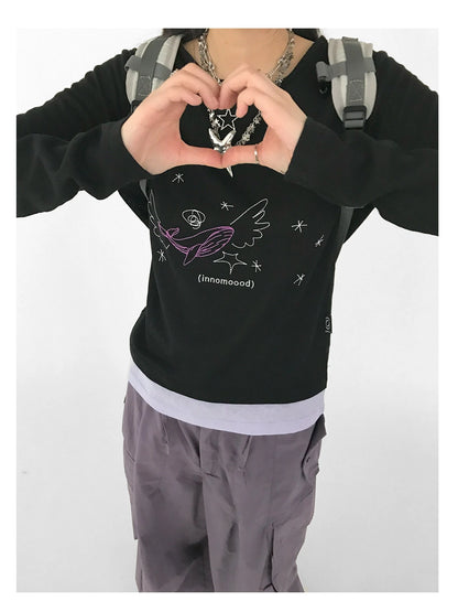 Silent Whale Wing Embroidery Spliced T-shirt