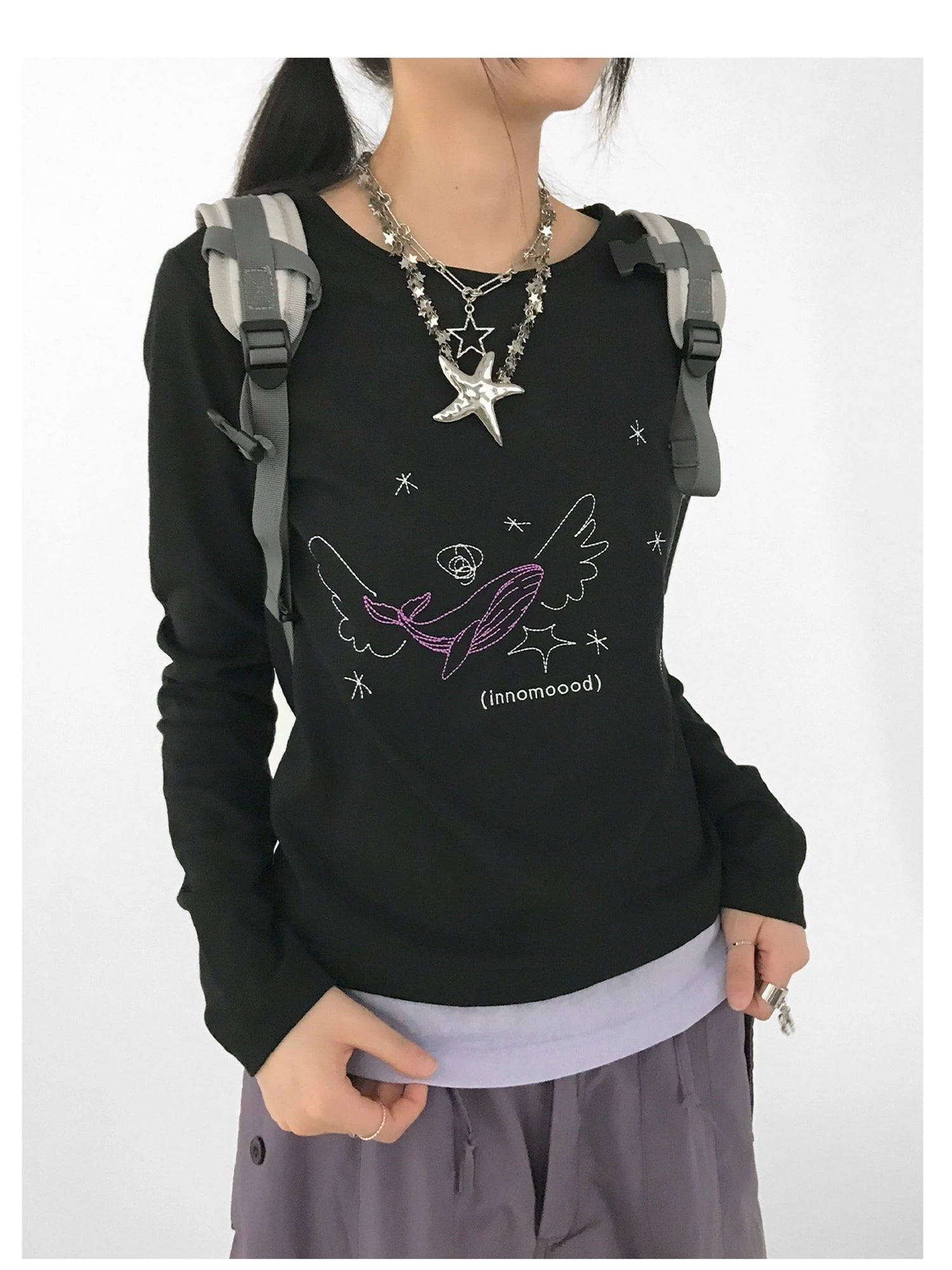 Silent Whale Wing Embroidery Spliced T-shirt