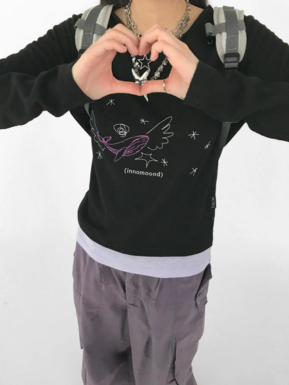 Silent Whale Wing Embroidery Spliced T-shirt