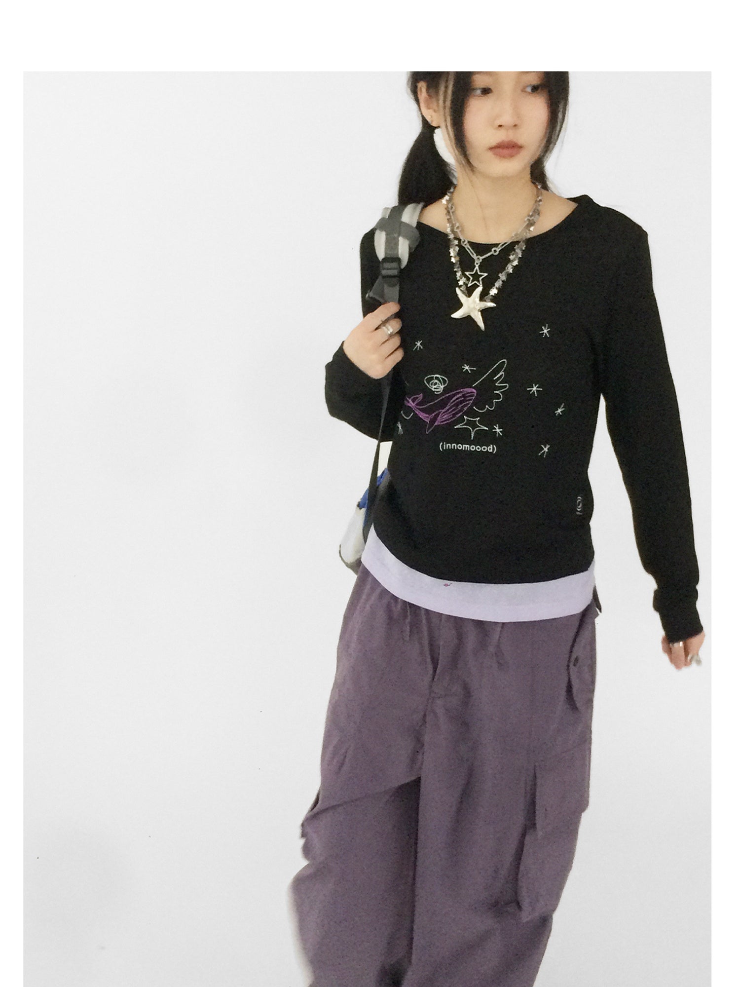innomoood Silent Whale Wing Embroidery Spliced T-shirt