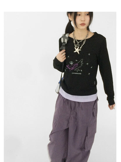 Silent Whale Wing Embroidery Spliced T-shirt