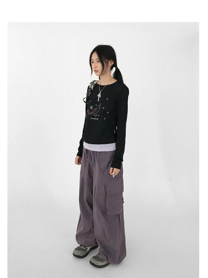 Silent Whale Wing Embroidery Spliced T-shirt