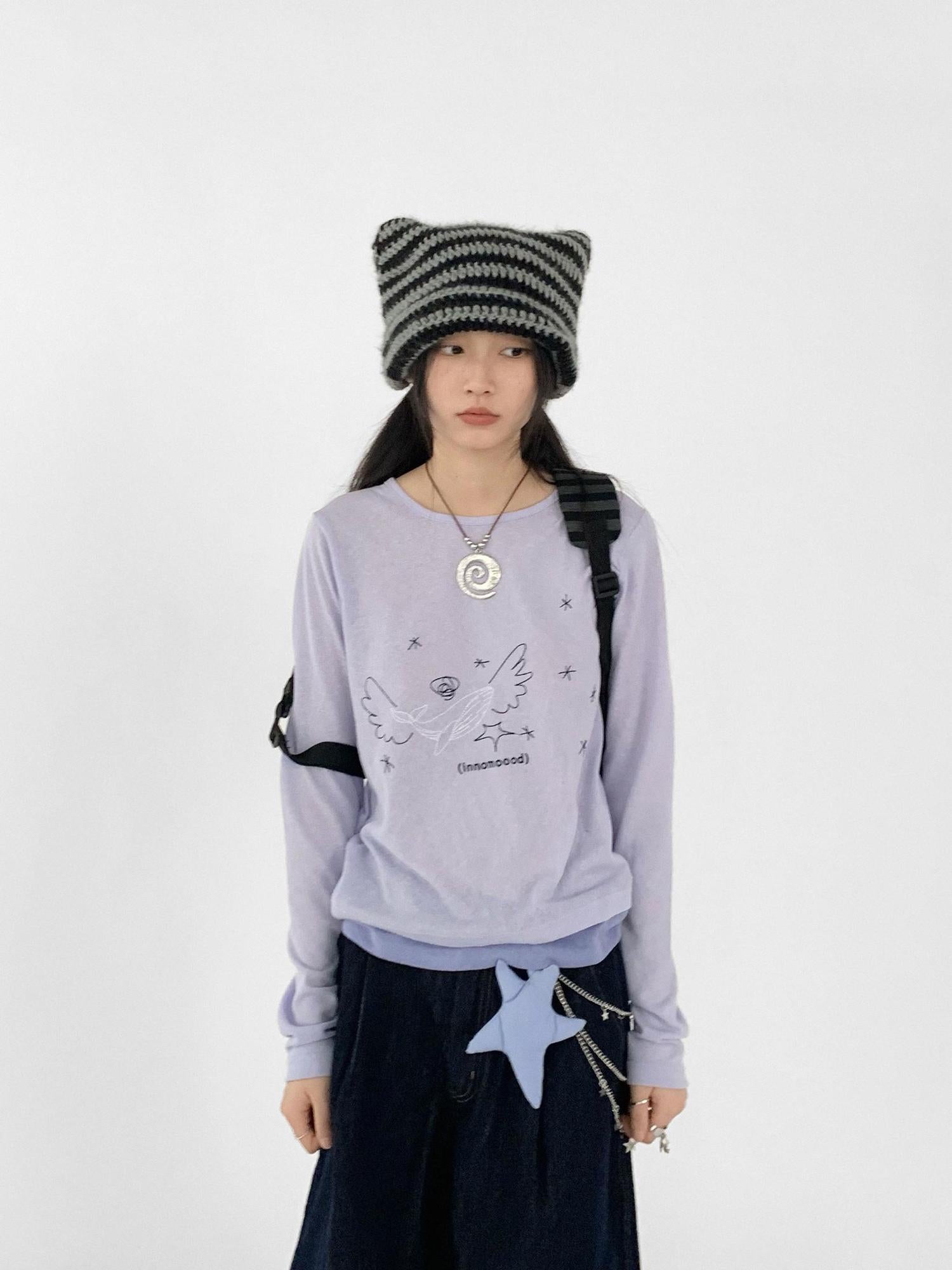 innomoood Silent Whale Wing Embroidery Spliced T-shirt