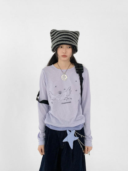 innomoood Silent Whale Wing Embroidery Spliced T-shirt