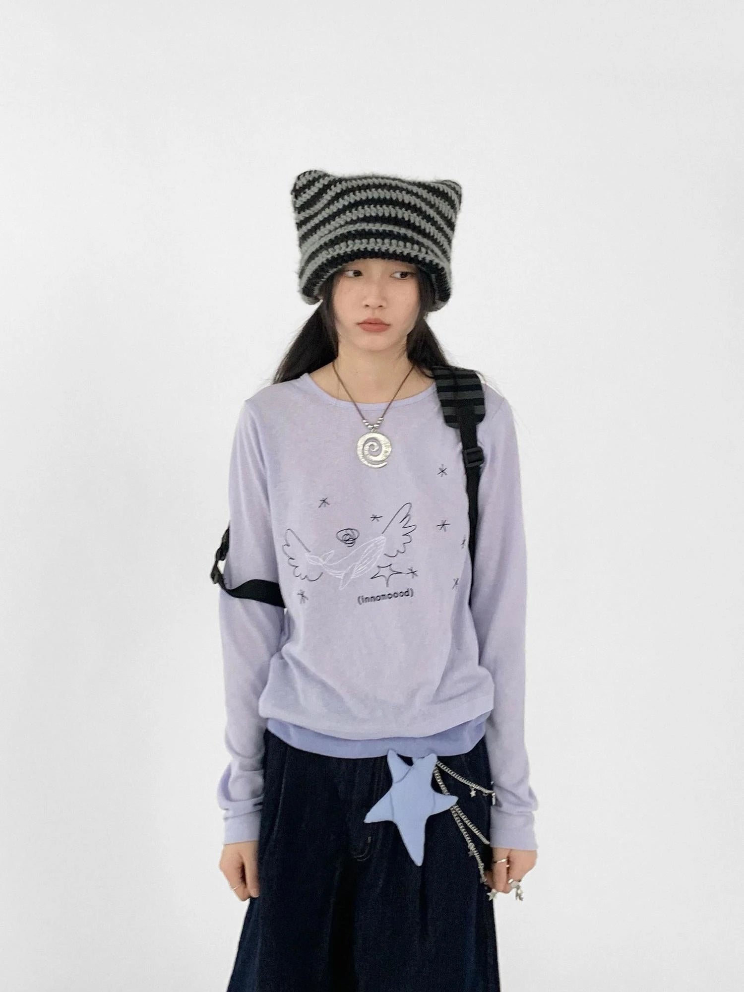 Silent Whale Wing Embroidery Spliced T-shirt
