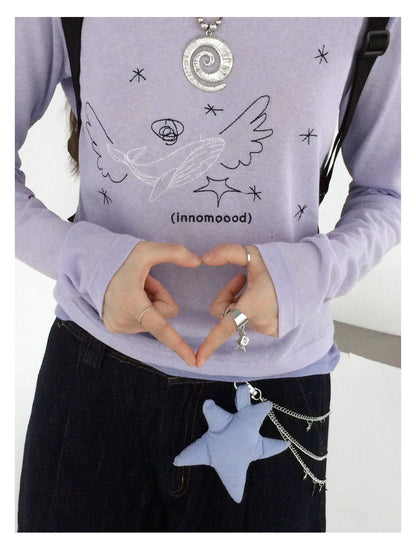 innomoood Silent Whale Wing Embroidery Spliced T-shirt