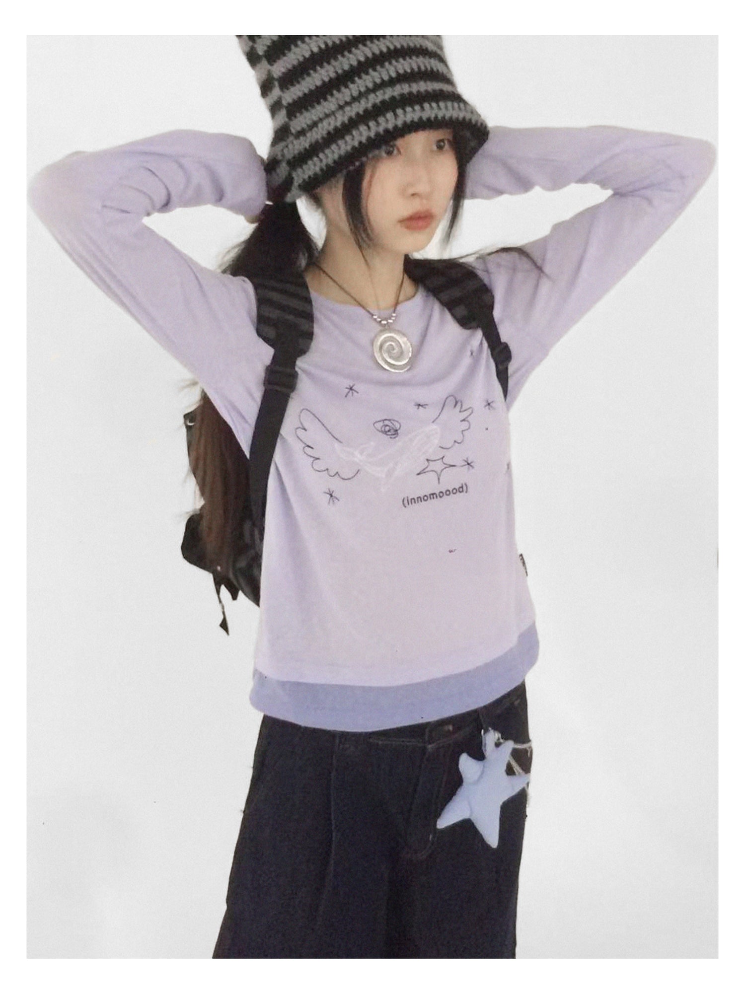 innomoood Silent Whale Wing Embroidery Spliced T-shirt