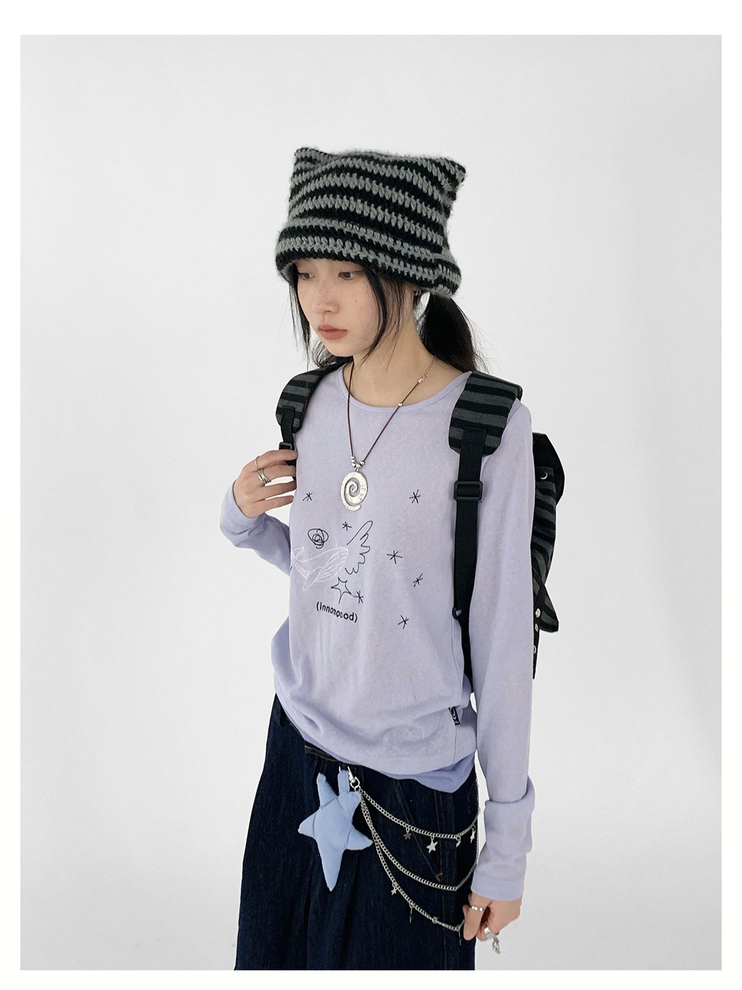 innomoood Silent Whale Wing Embroidery Spliced T-shirt