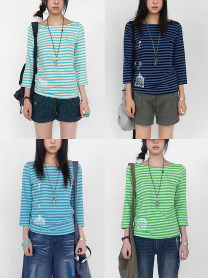 innomoood Silver Foil Print Colorful Striped Round Neck Women&