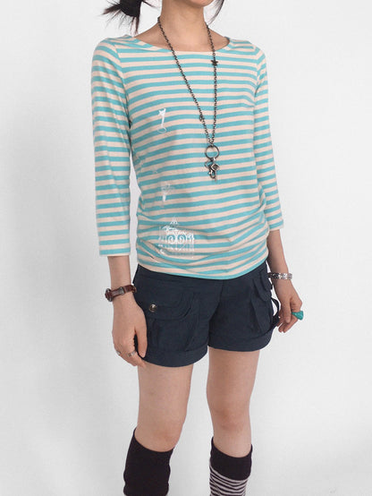 innomoood Silver Foil Print Colorful Striped Round Neck Women&