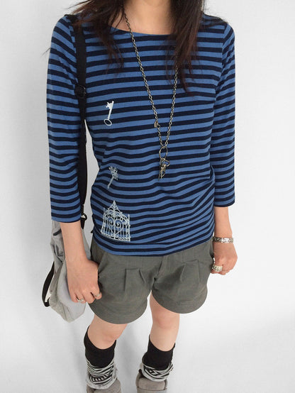 innomoood Silver Foil Print Colorful Striped Round Neck Women&