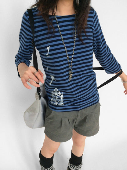innomoood Silver Foil Print Colorful Striped Round Neck Women&