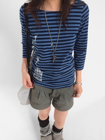 innomoood Silver Foil Print Colorful Striped Round Neck Women&