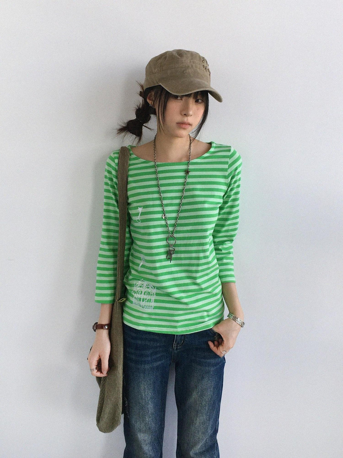 innomoood Silver Foil Print Colorful Striped Round Neck Women&