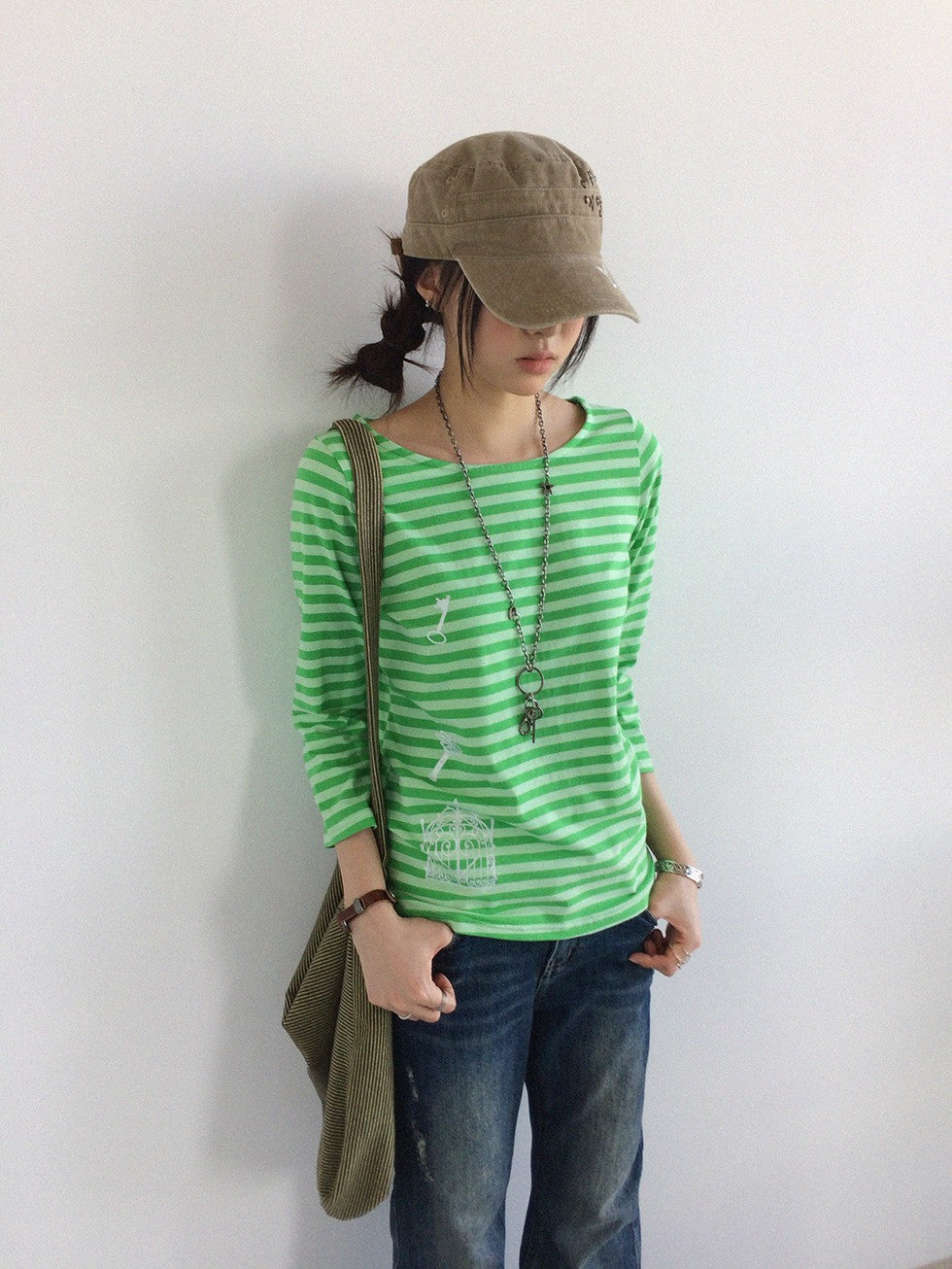 innomoood Silver Foil Print Colorful Striped Round Neck Women&