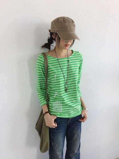 innomoood Silver Foil Print Colorful Striped Round Neck Women&