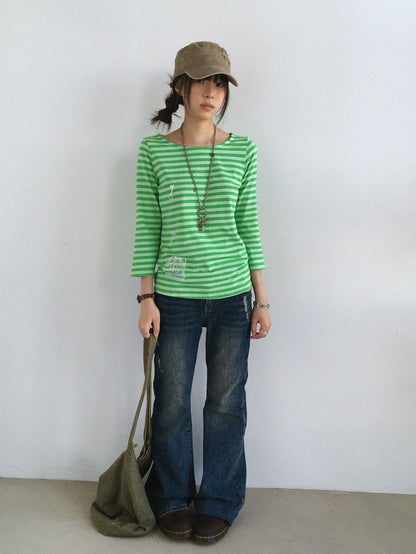 innomoood Silver Foil Print Colorful Striped Round Neck Women&