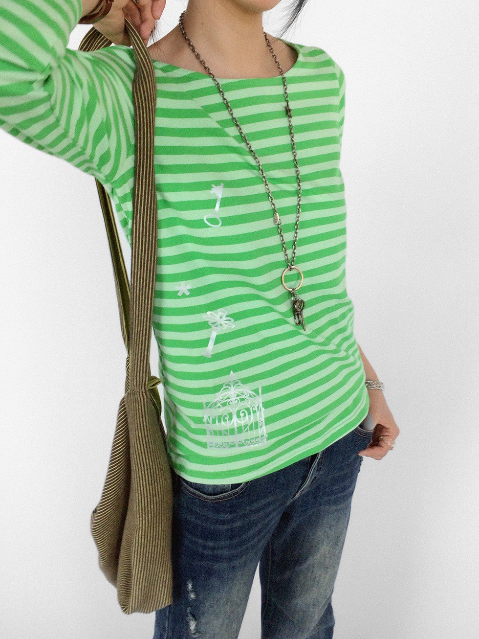 innomoood Silver Foil Print Colorful Striped Round Neck Women&
