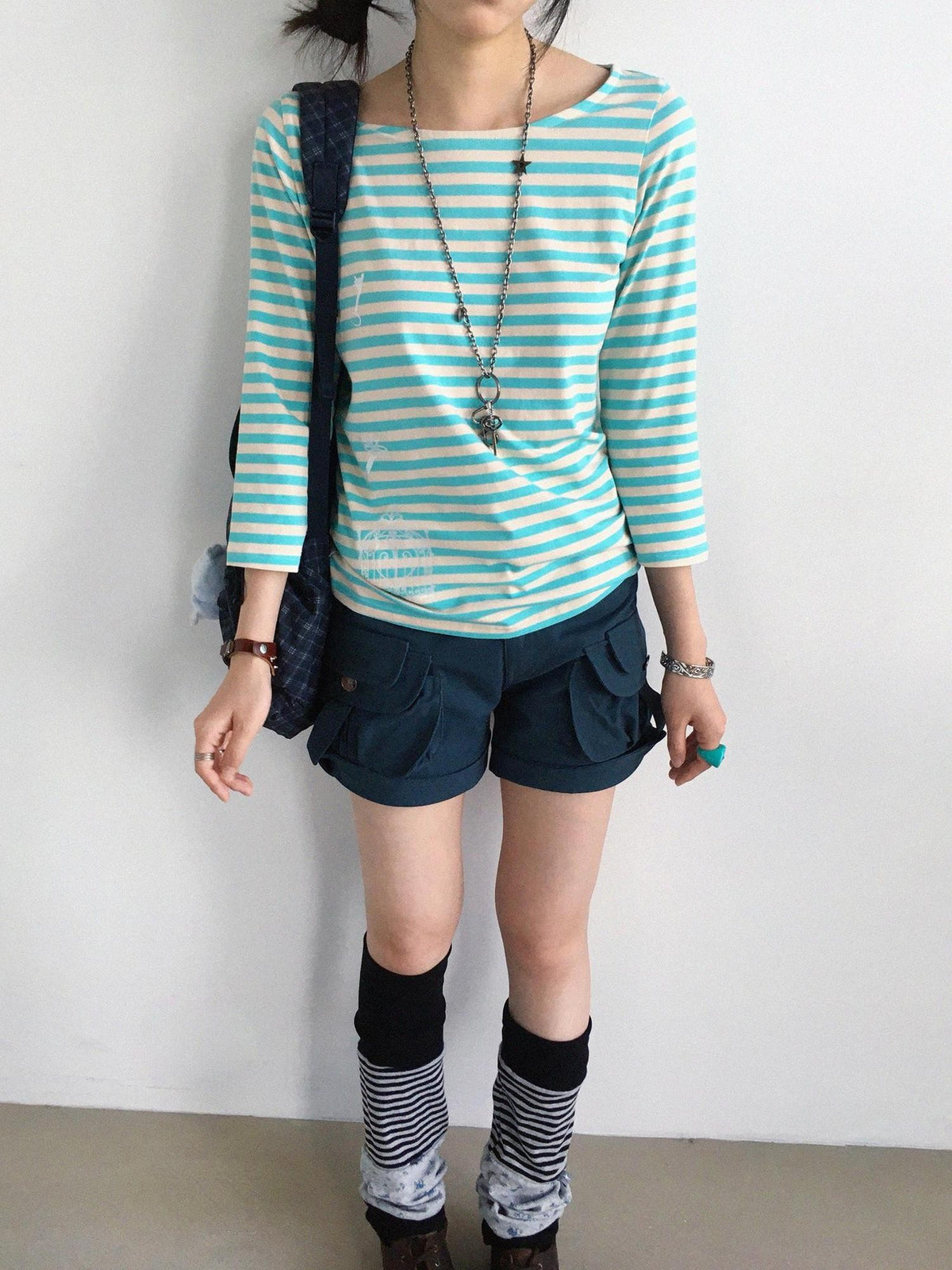 innomoood Silver Foil Print Colorful Striped Round Neck Women&