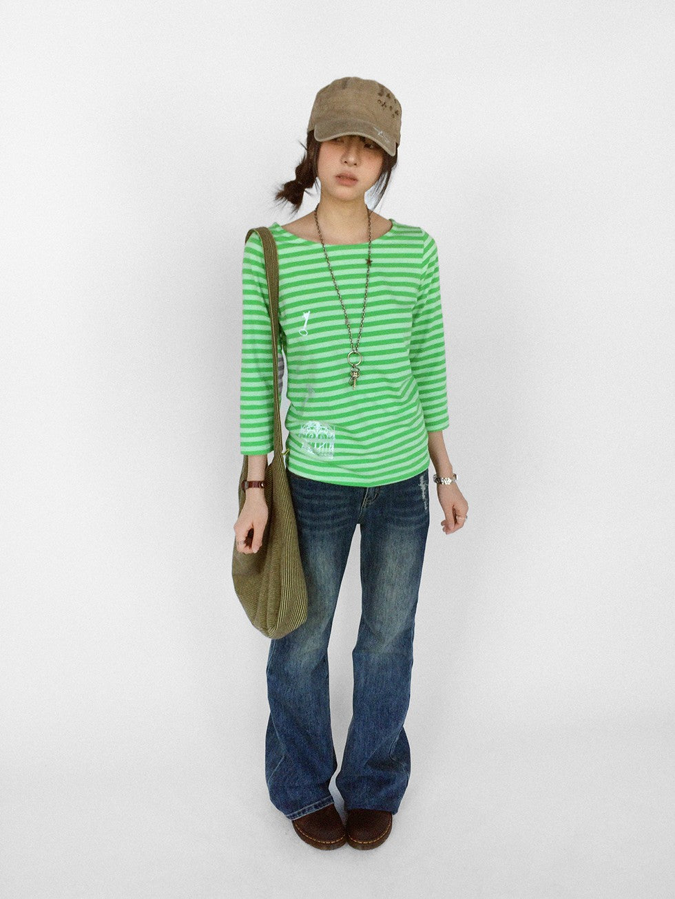 innomoood Silver Foil Print Colorful Striped Round Neck Women&