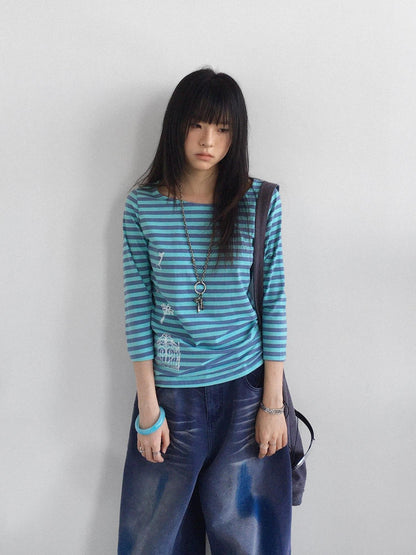 innomoood Silver Foil Print Colorful Striped Round Neck Women&