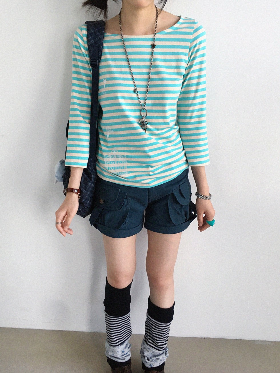 innomoood Silver Foil Print Colorful Striped Round Neck Women&