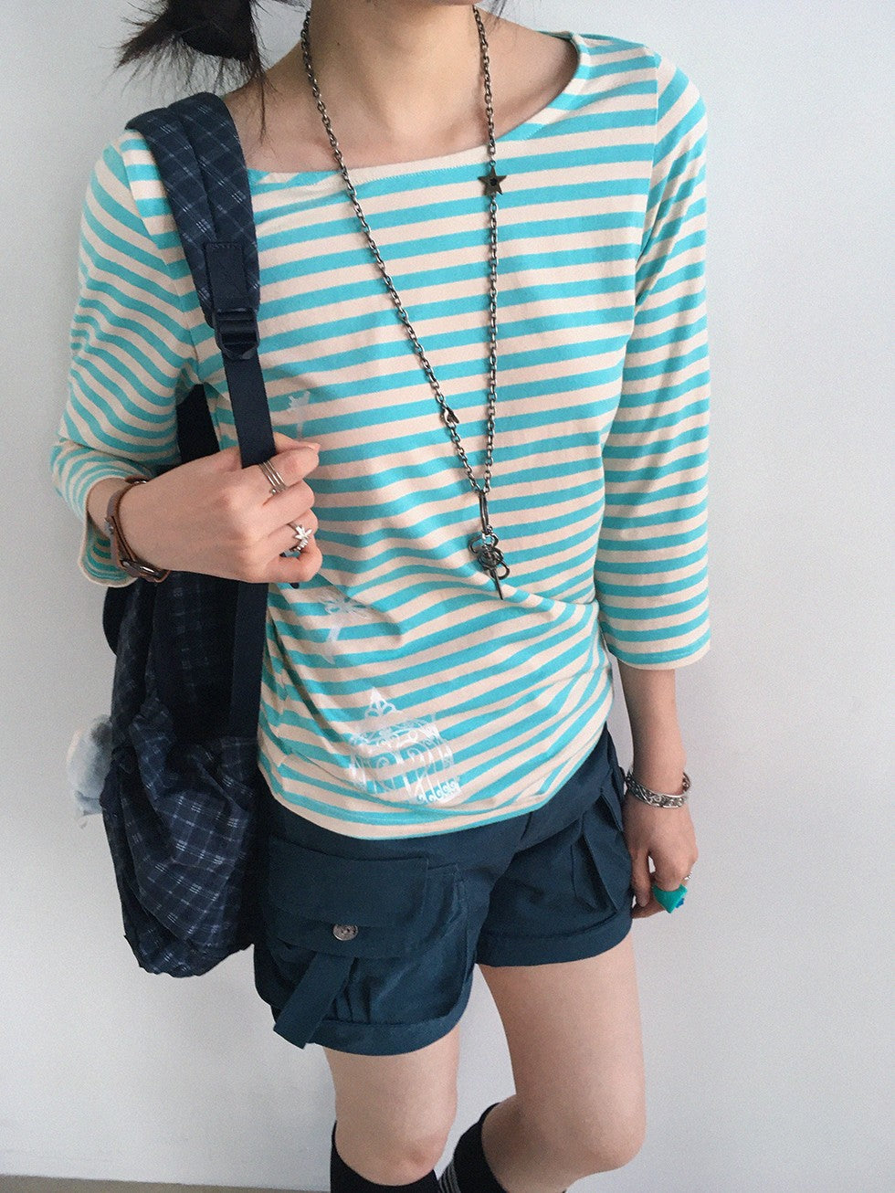 innomoood Silver Foil Print Colorful Striped Round Neck Women&