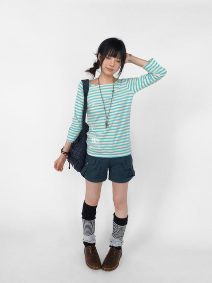 innomoood Silver Foil Print Colorful Striped Round Neck Women&