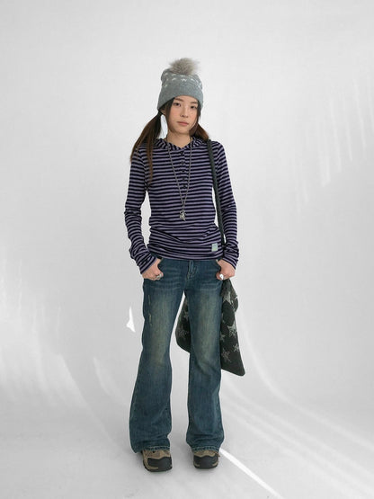 innomoood Slim Fit Striped Hooded Long Sleeve Casual Comfortable Women T-Shirt