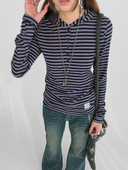 innomoood Slim Fit Striped Hooded Long Sleeve Casual Comfortable Women T-Shirt