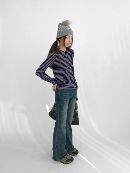 innomoood Slim Fit Striped Hooded Long Sleeve Casual Comfortable Women T-Shirt