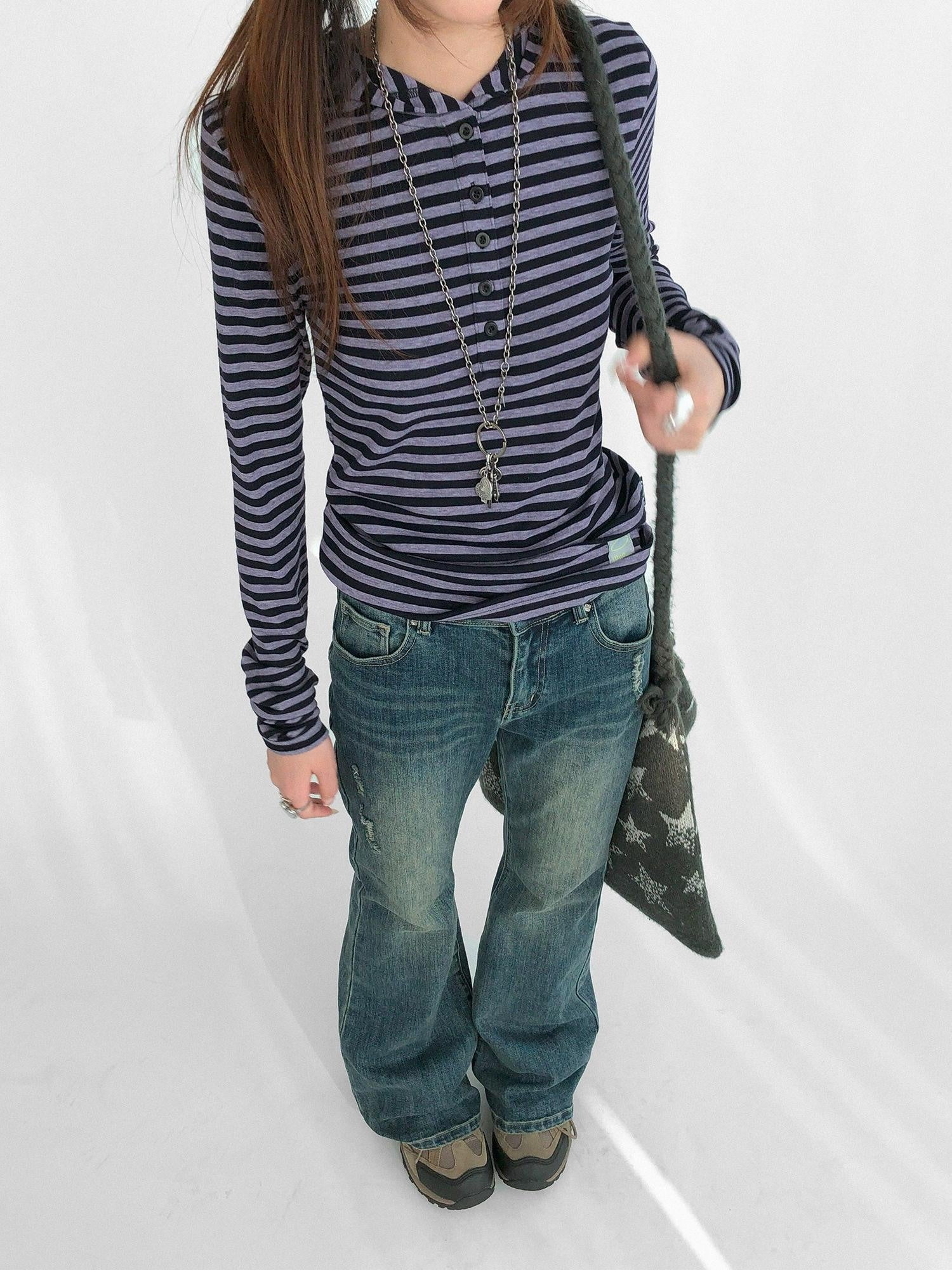 innomoood Slim Fit Striped Hooded Long Sleeve Casual Comfortable Women T-Shirt