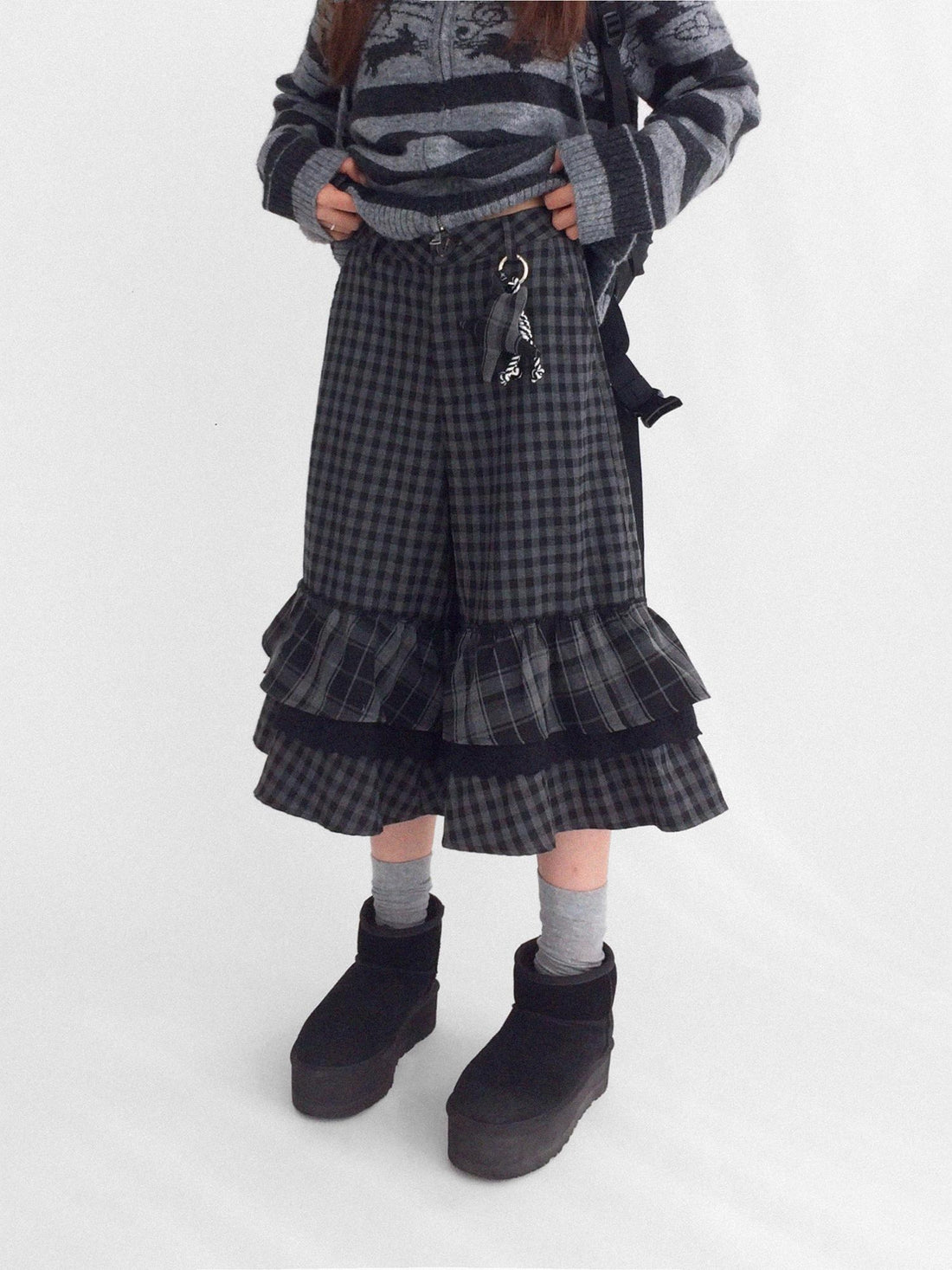 innomoood Soft Breathable Relaxed Wide Leg Natural Waist Plaid Lace Trim Women Pants