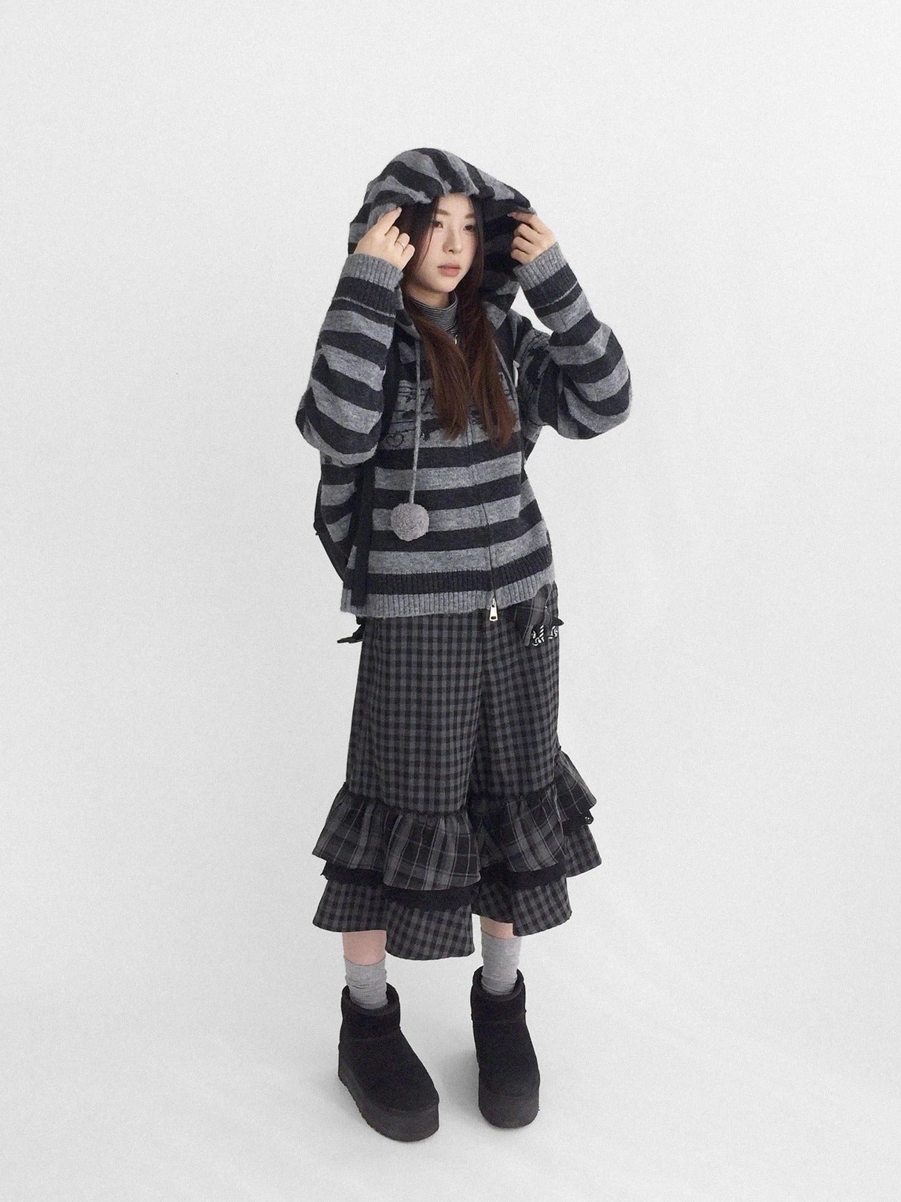 innomoood Soft Breathable Relaxed Wide Leg Natural Waist Plaid Lace Trim Women Pants