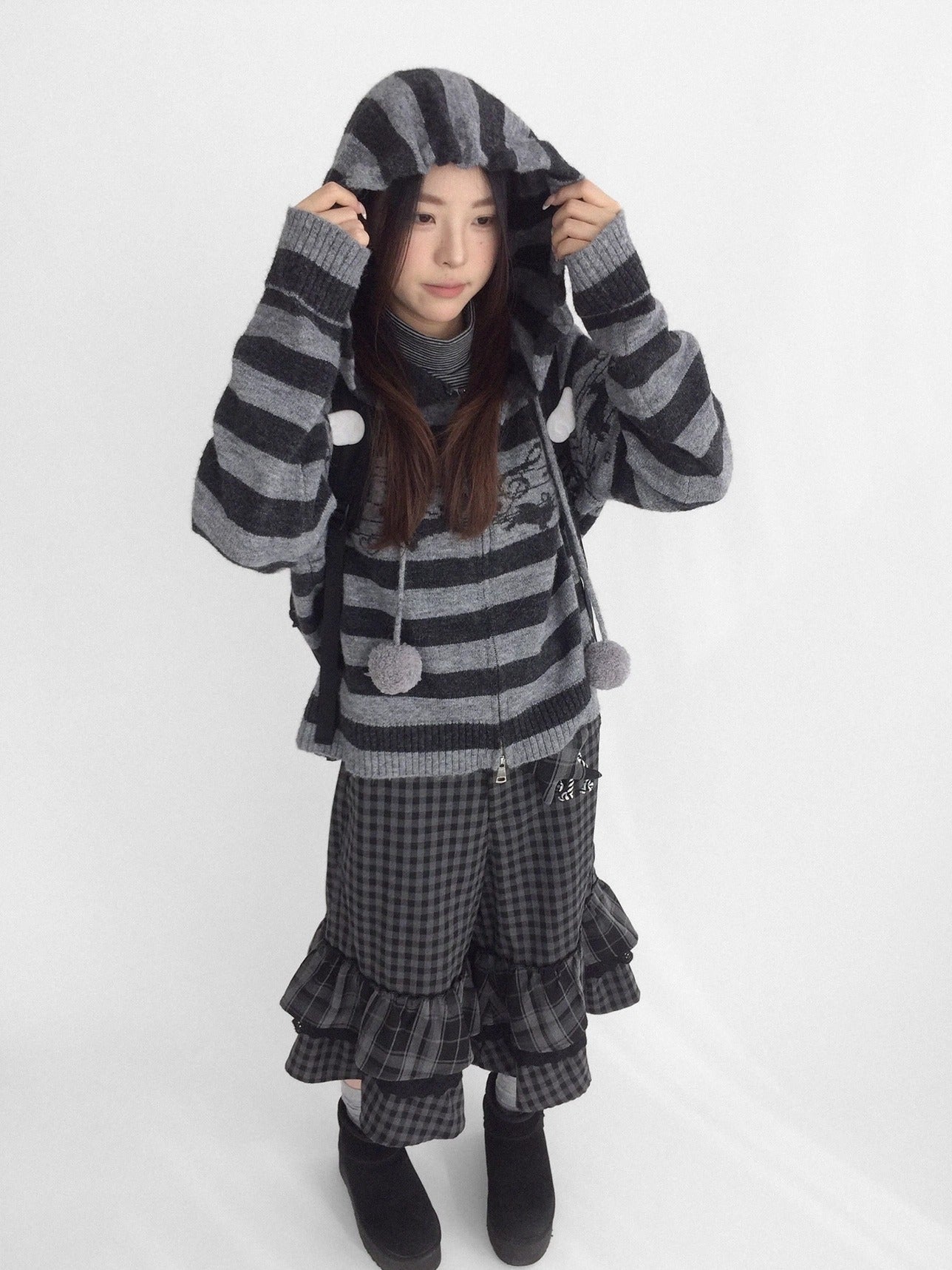 innomoood Soft Breathable Relaxed Wide Leg Natural Waist Plaid Lace Trim Women Pants