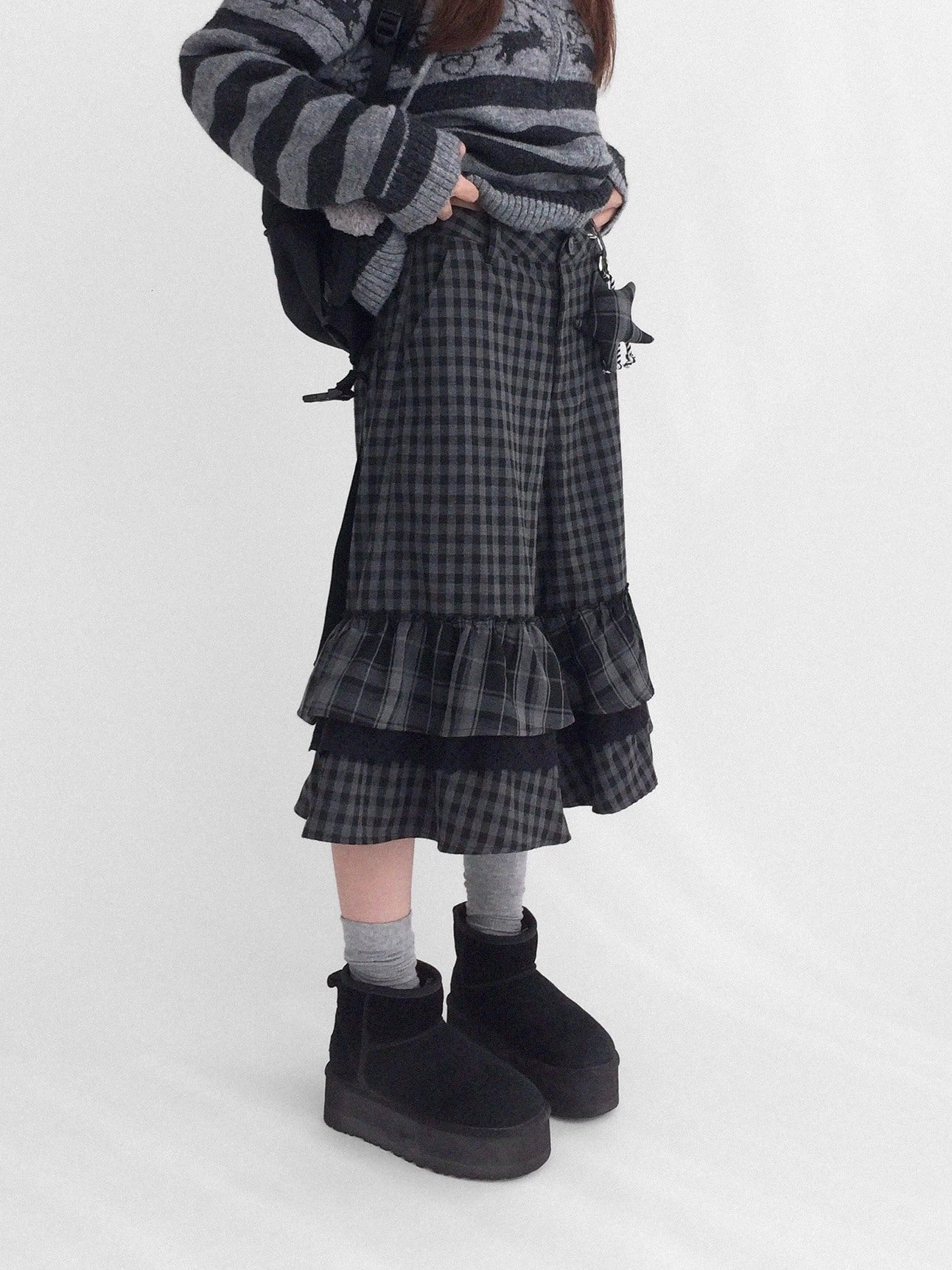 innomoood Soft Breathable Relaxed Wide Leg Natural Waist Plaid Lace Trim Women Pants