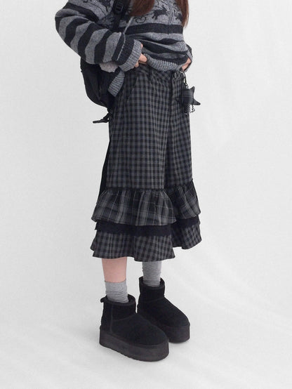 innomoood Soft Breathable Relaxed Wide Leg Natural Waist Plaid Lace Trim Women Pants