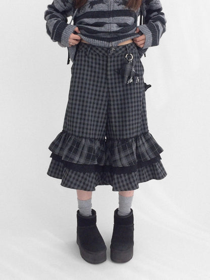 innomoood Soft Breathable Relaxed Wide Leg Natural Waist Plaid Lace Trim Women Pants