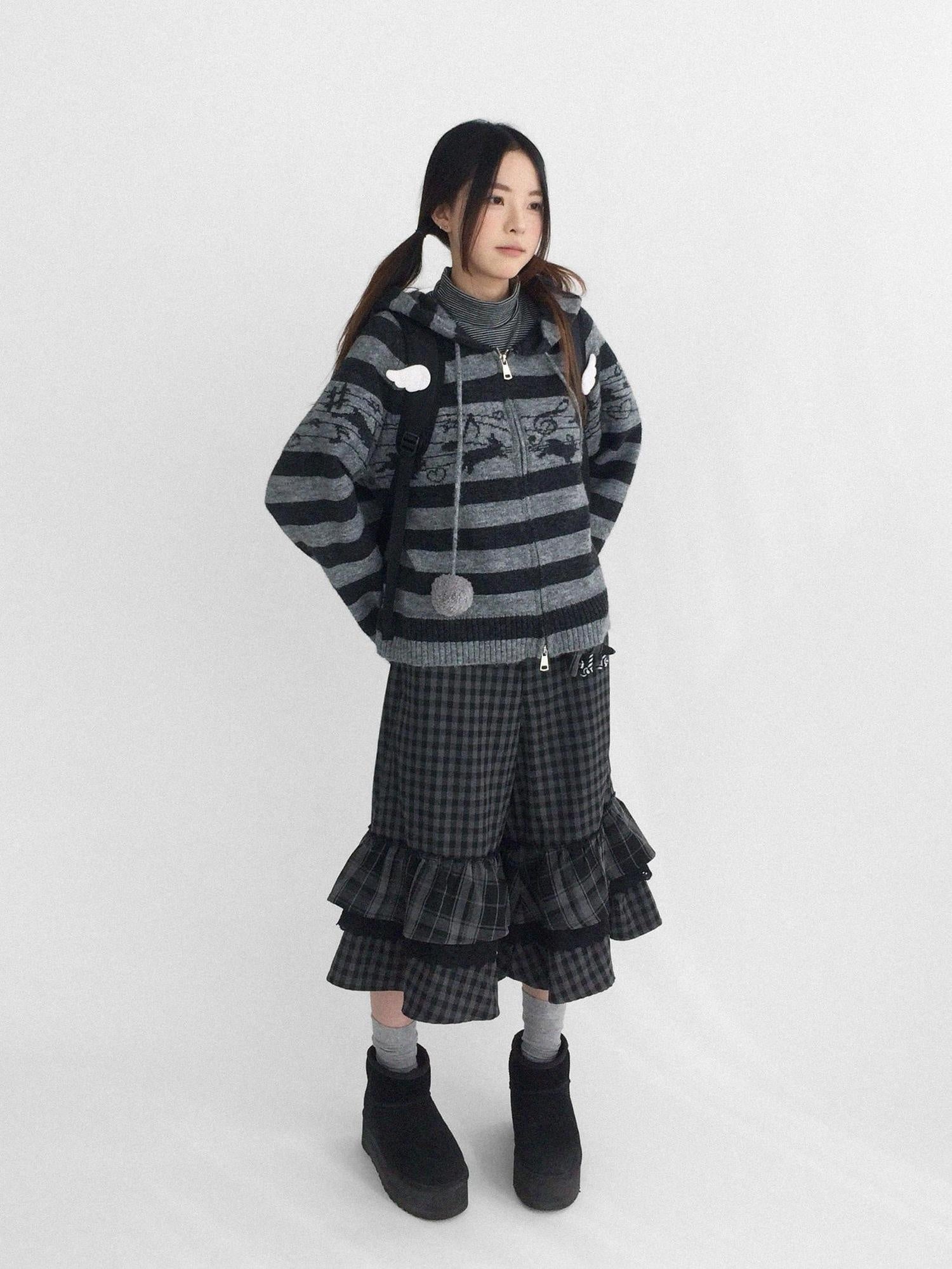 innomoood Soft Breathable Relaxed Wide Leg Natural Waist Plaid Lace Trim Women Pants