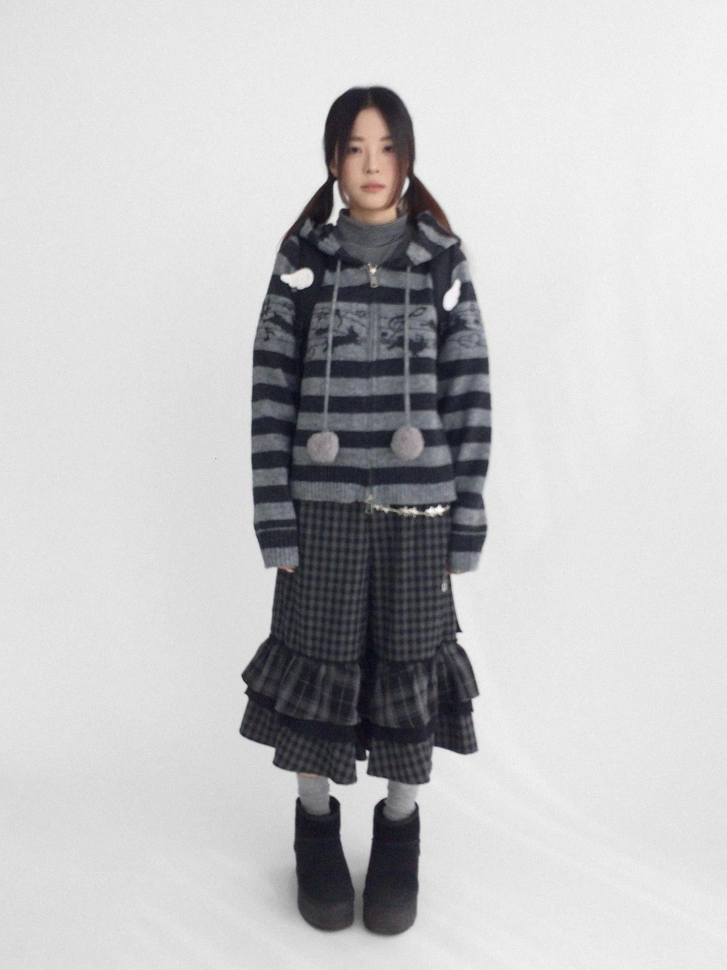 innomoood Soft Breathable Relaxed Wide Leg Natural Waist Plaid Lace Trim Women Pants