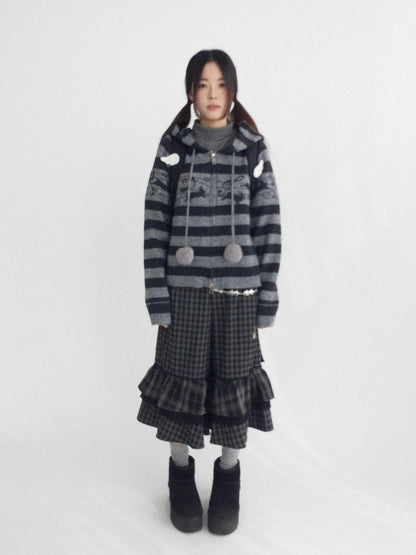 innomoood Soft Breathable Relaxed Wide Leg Natural Waist Plaid Lace Trim Women Pants