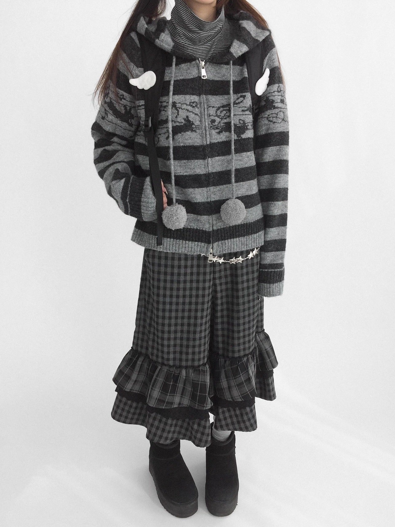 innomoood Soft Breathable Relaxed Wide Leg Natural Waist Plaid Lace Trim Women Pants