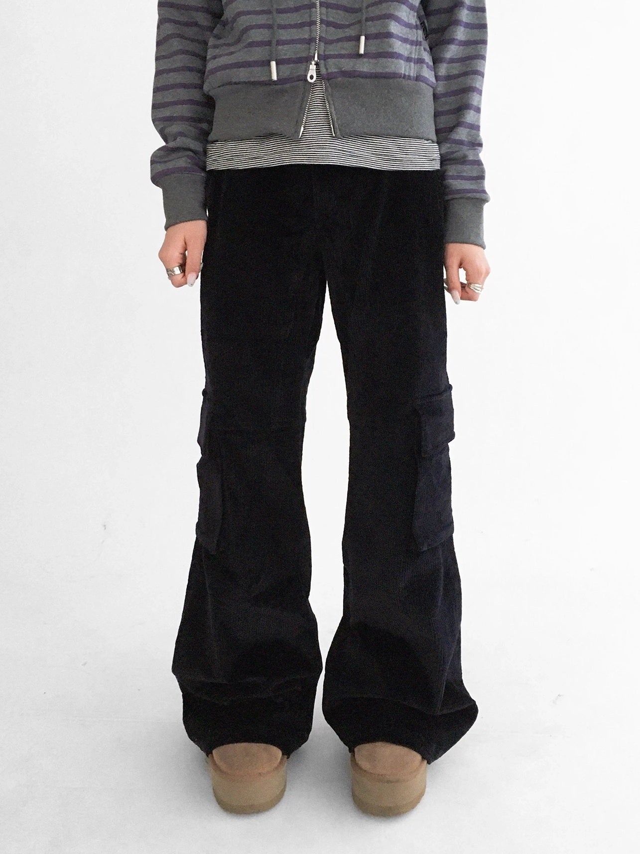 innomoood Soft Stretch Cotton Low Rise Flare With Pockets Zip Fly Casual Women Pants