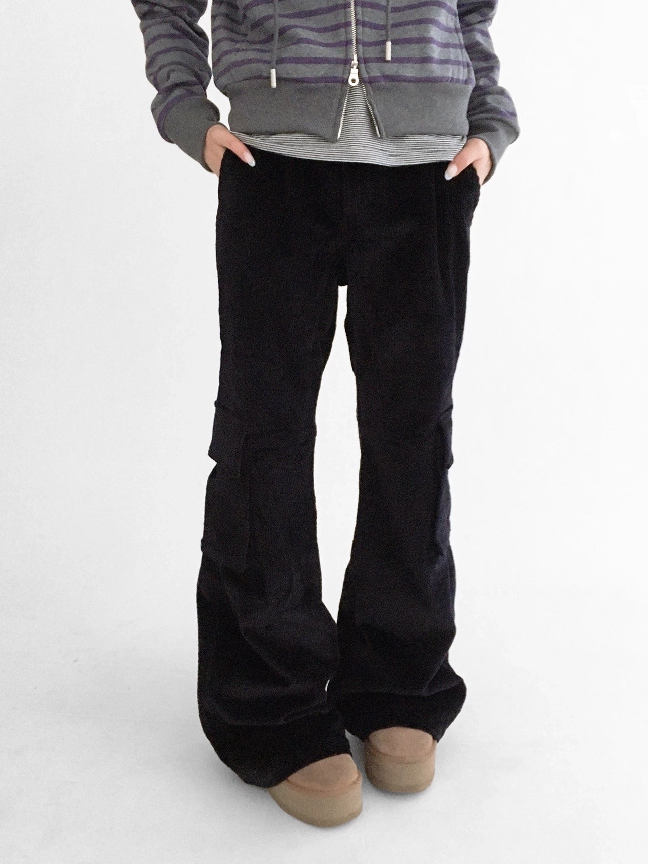 innomoood Soft Stretch Cotton Low Rise Flare With Pockets Zip Fly Casual Women Pants