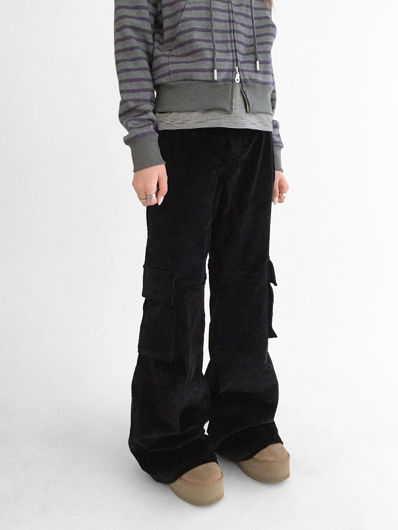 innomoood Soft Stretch Cotton Low Rise Flare With Pockets Zip Fly Casual Women Pants