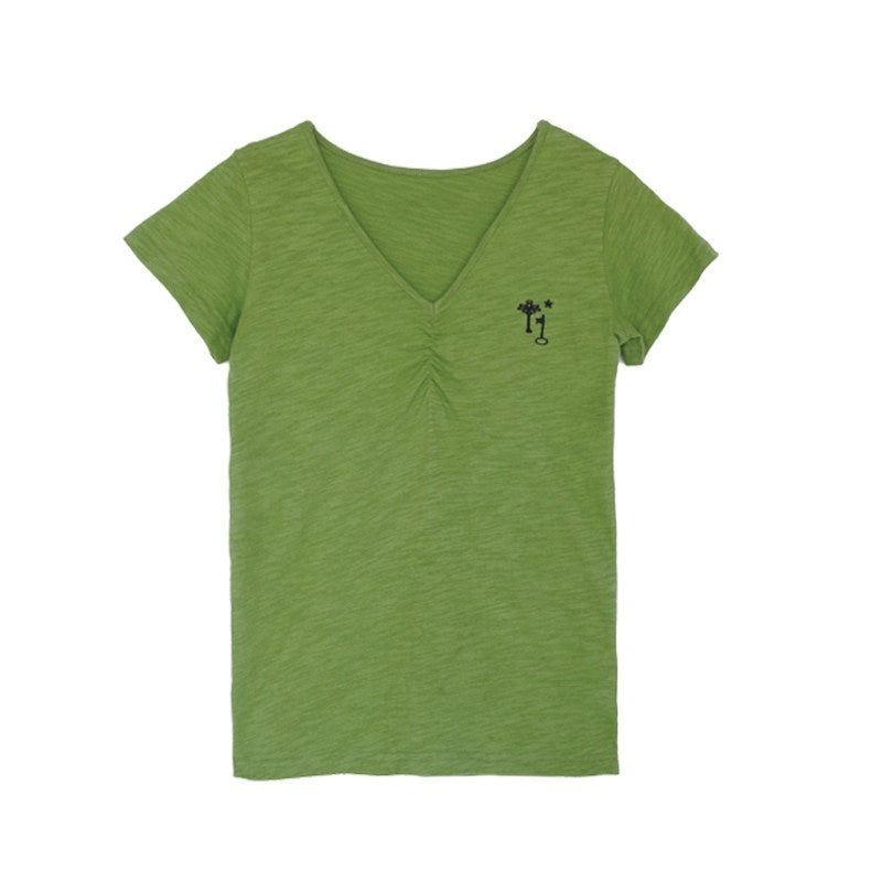 innomoood_Solid_Ruched_Embroidered_Key_V-neck_Women&
