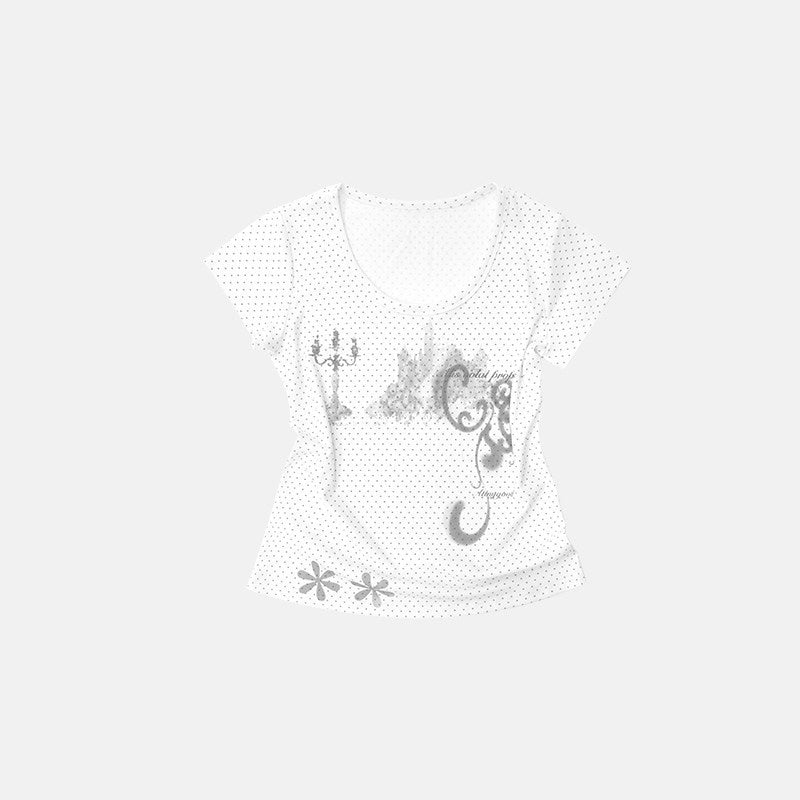 innomoood Stamp Polka Dot Print Vintage Wide Round Neck Women&