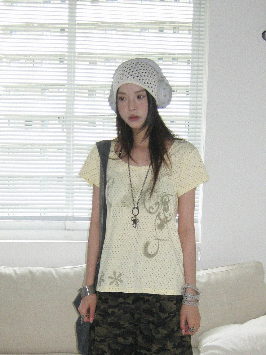 innomoood Stamp Polka Dot Print Vintage Wide Round Neck Women&