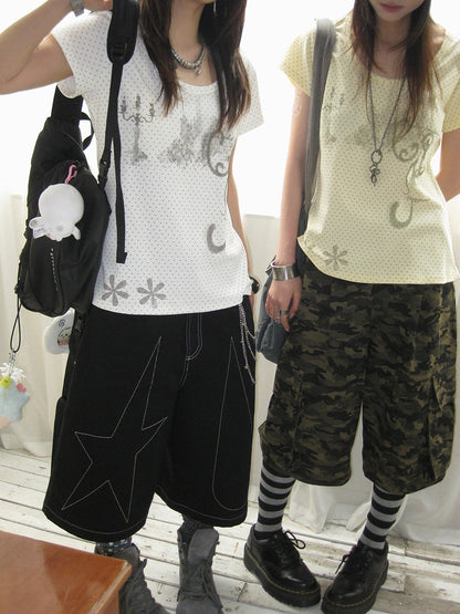 innomoood Stamp Polka Dot Print Vintage Wide Round Neck Women&