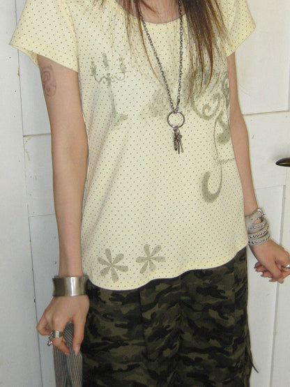 innomoood Stamp Polka Dot Print Vintage Wide Round Neck Women&